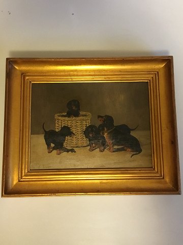 Maleri, olie på lærred i guldramme, af gravhunde. Signeret A. Ritzau 1916