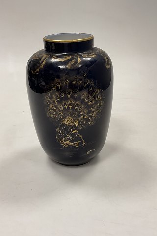 Tidlig Royal Copenhagen Art Nouveau Vase med Påfugl i guld og Blå